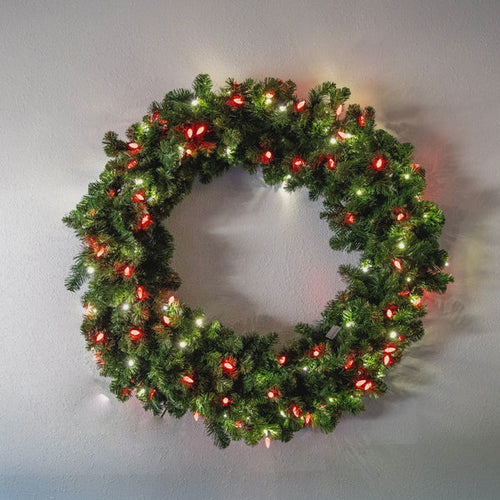 Oregon Wreath 36", (C6/5mm) - Cool White/Red